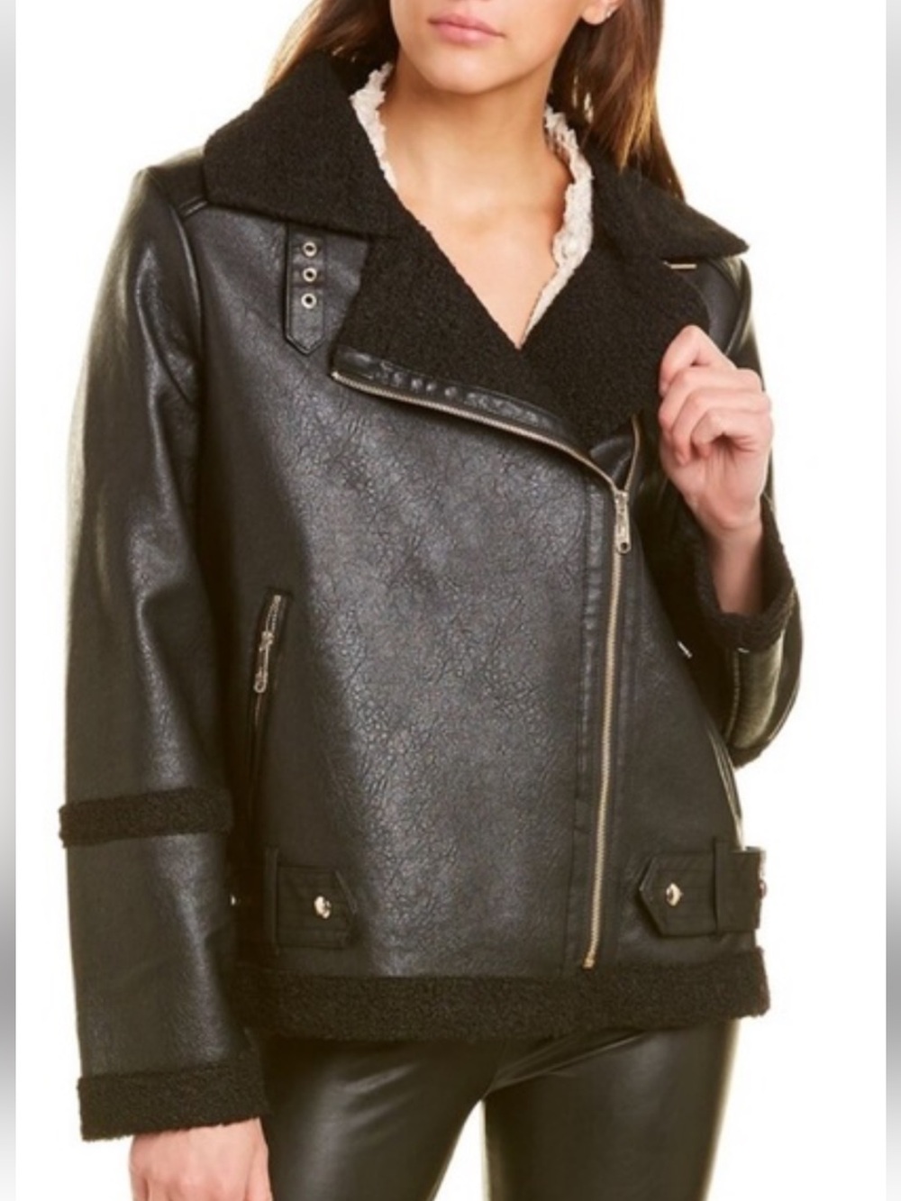 Sam Edelman Black Faux Leather Sherpa-Trim Moto Jacket